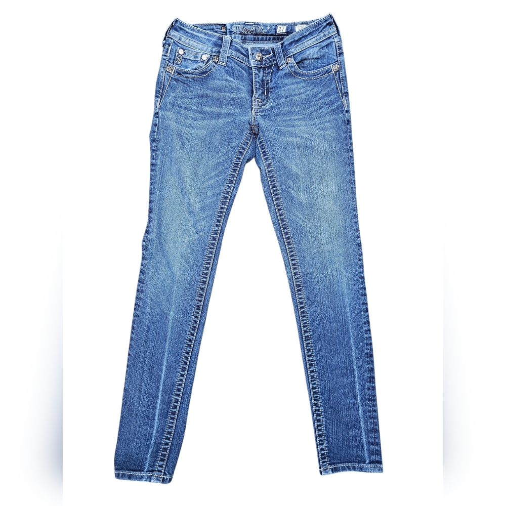 Miss Me Jeans Skinny JP548952 Women's Sz 27 Embroidered Bedazzled Blue Jeans